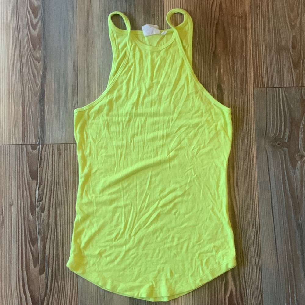 Anthropologie ribbed high neck spaghetti strap tank top neon yellow size XS